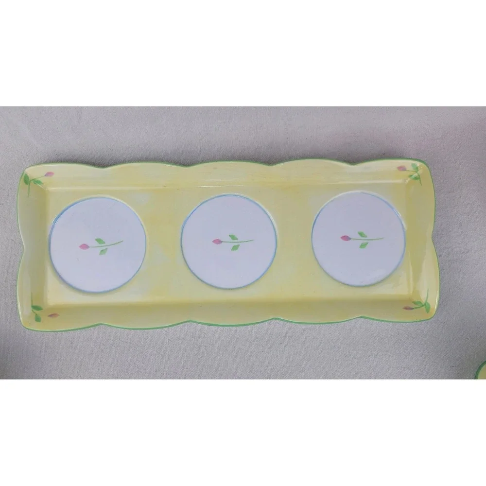 Princess House Exclusive Floral Ceramic Tray and 3 Pot Bowl Set Yellow Tulip